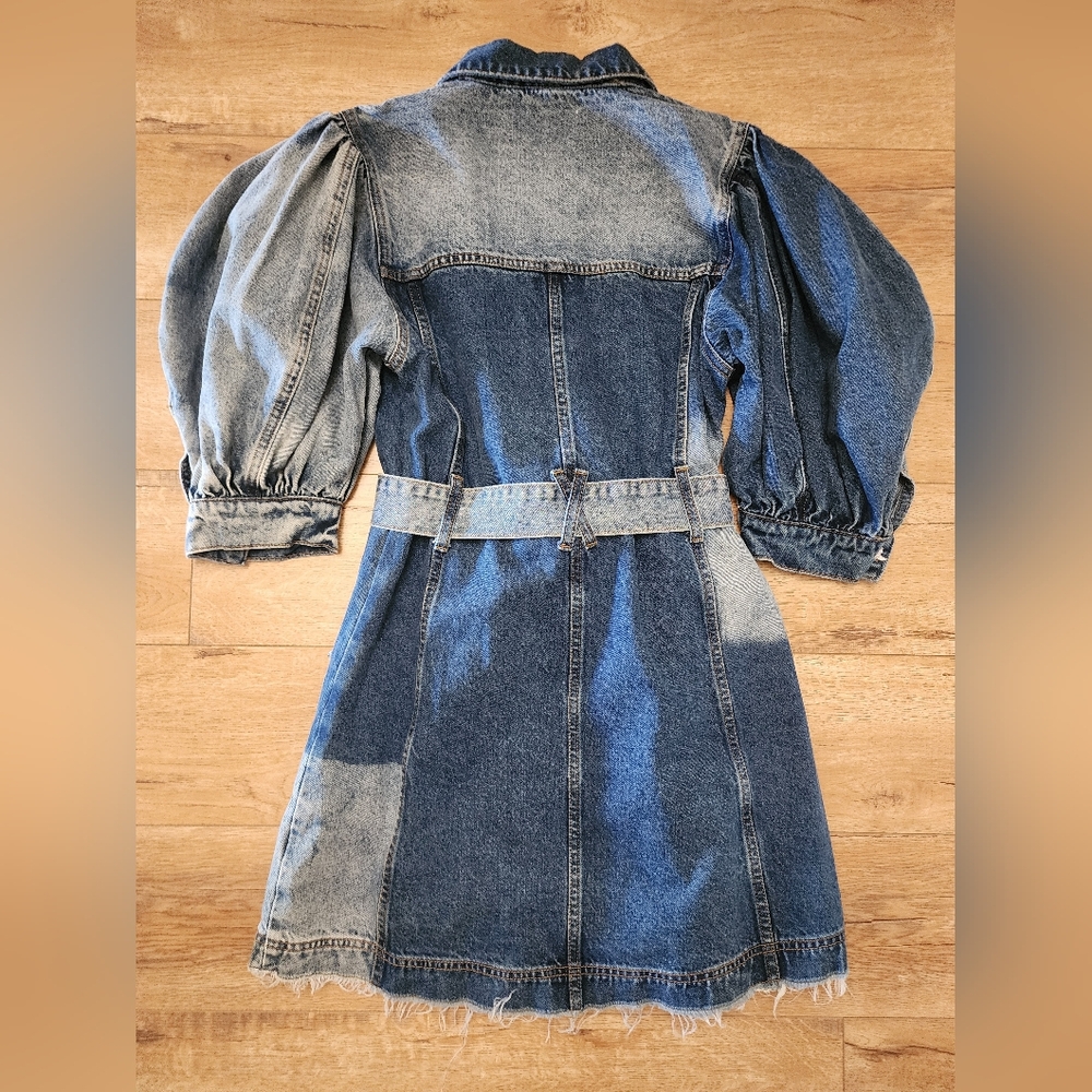 NWOT Signature 8 Patchwork Heavy Denim Mini Dress M Puff Sleeves Belted Sealed - Picture 11 of 11